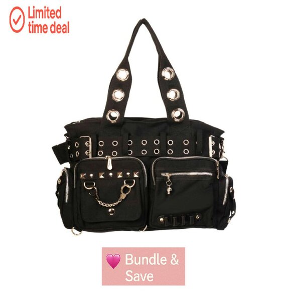 Large Shoulder Bag with Studs Chains Handcuffs Adjustable Strap Spacious